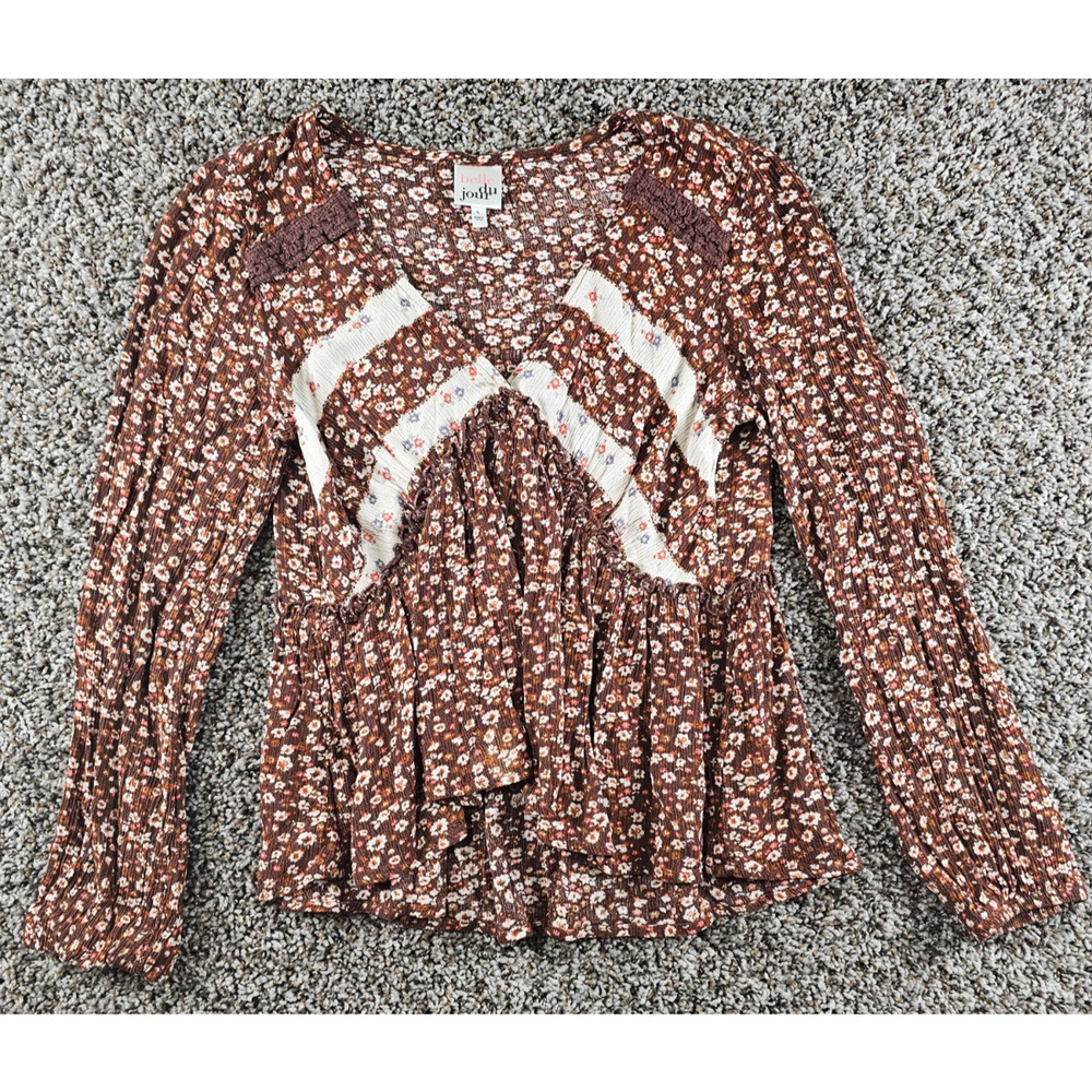 Vintage Y2K Belle Du Jour Girls Sz L Long Bell Sleeve Boho Blouse Brown Floral